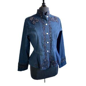 Vintage Flashback Embellished Denim Jacket M Peplum Sequin Floral Whimsigoth Y2K